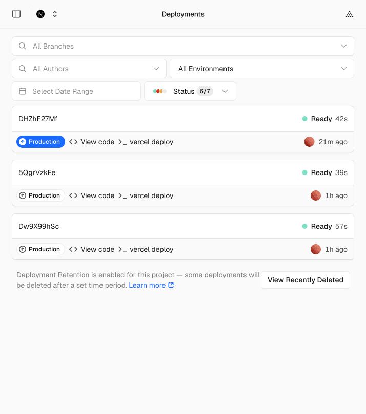 Vercel Production Deployments 页面